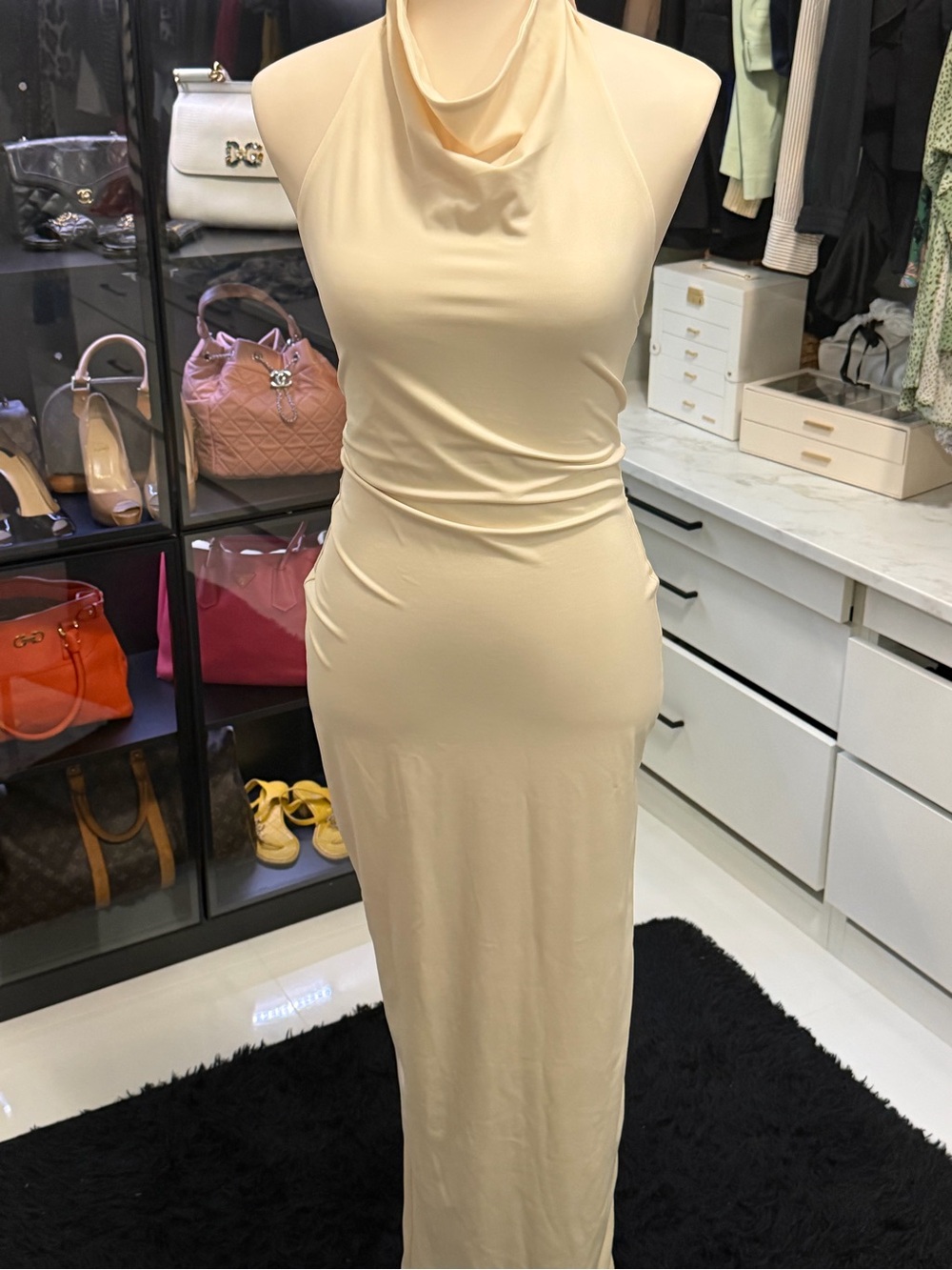 House of CB Cream Cowl Neck Midi Dress